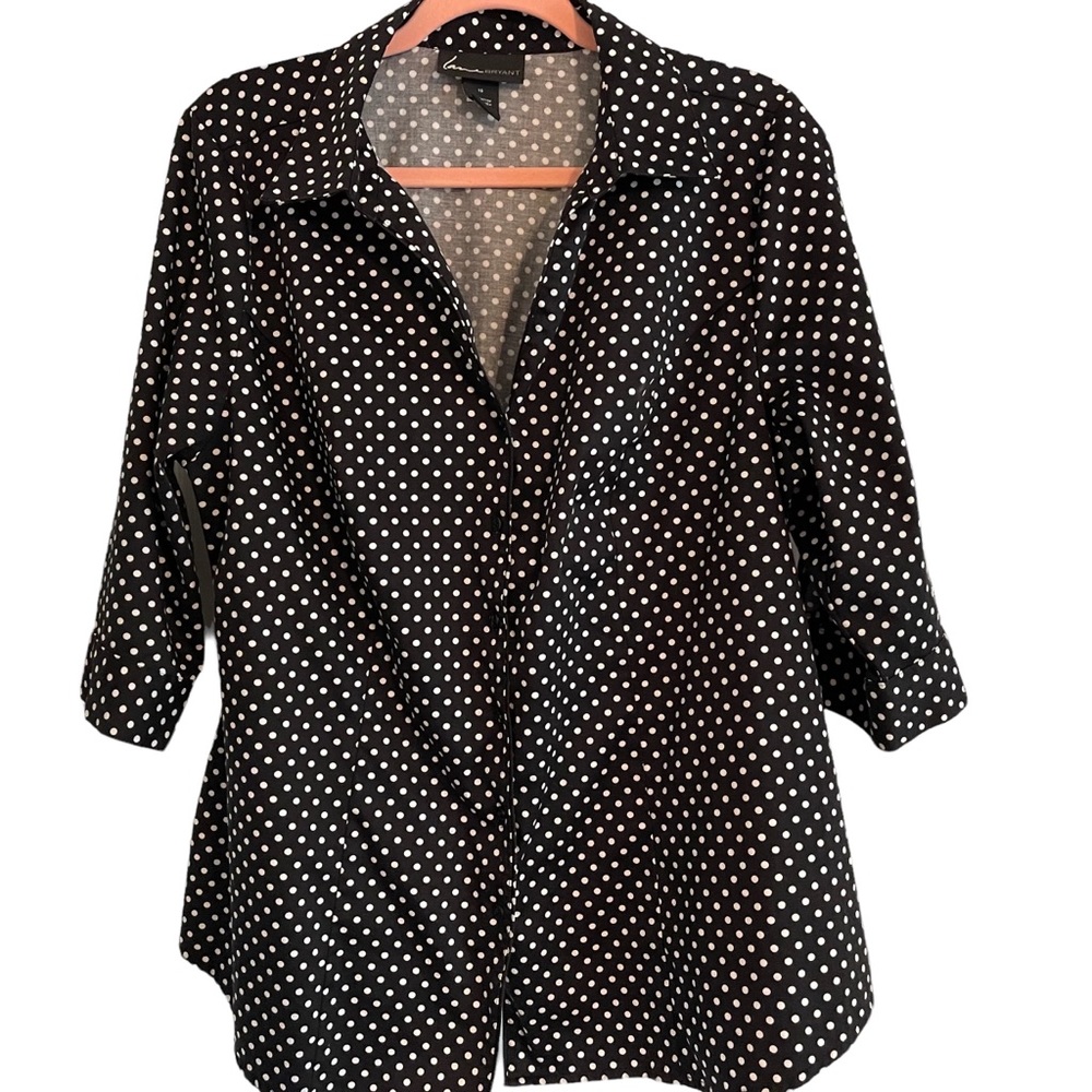 Lane Bryant 3/4 cuffed sleeve button front blouse. Black with white polka dots.